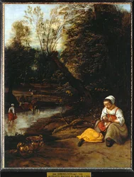 Femme épouillant une fillette au bord de l