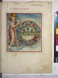 Pleine page : Dieu créant le ciel et la terre (dessin au crayon de couleur)