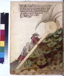 Pleine page : char à tête de fer armé poussé par deux soldats en armure, vers 1430 (dessin à la plume de couleur)