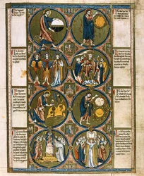Pleine page : huit médaillons avec texte d