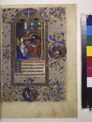 Pleine page : miniature encadrée, avec texte et initiale en détrempe en dessous