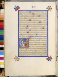 Pleine page : texte encadré avec initiale "E" historiée : La parabole du semeur