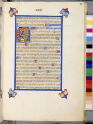 Pleine page : texte encadré avec initiale "T" historiée : Parabole des vierges sages et des vierges folles