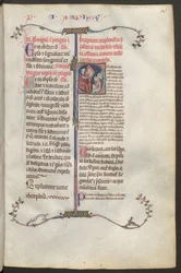 Pleine page : texte et initiale historiée : assis à gauche, le commentateur Constantinus Africanus de Montecassino