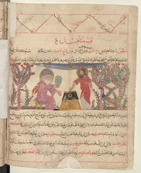 Pleine page : texte et miniature : Proklos et son assistant préparant une thériaque (miniature)