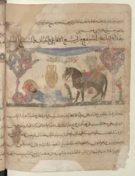 Pleine page : texte et miniature : Le géomètre Tulunus, sauvé après une morsure de serpent (miniature)