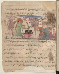 Pleine page : texte et miniature : le médecin Philagrius et son assistant préparant la thériaque (miniature)