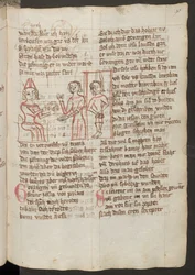 Pleine page : texte avec dessin à la plume : Judas devant le grand prêtre : à droite, Judas au gibet (dessin à la plume)