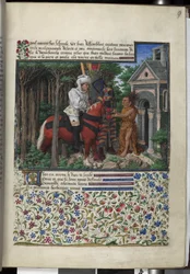 Pleine page : texte avec initiale peinte, miniature encadrée et bordure (miniature)