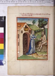 Pleine page : Job le lépreux sur le tas de fumier, moqué par sa femme (dessin à la plume de couleur)