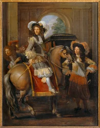 Gentilhomme à cheval et carrosse devant une porte monumentale - Nobleman on horseback with his entourage before a giant gate …