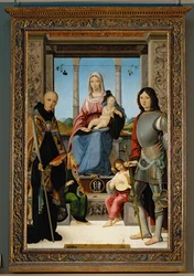 Madone avec les saints Benoît de Nurcia, saint Quentin et deux anges ...