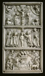 Nativité, baptême et crucifixion. Plaque d