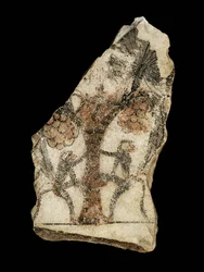 Ostracon représentant des singes cueillant des dattes sur un palmier ...
