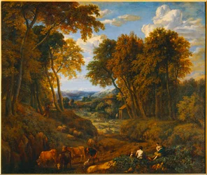 Paysage avec bergers et troupeaux dans un chemin forestier - Landscape with shepherd and herds in a path in the ...