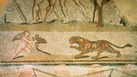 Putto et tigre. Mosaïque de la Villa Hermes, Aquincum, Hongrie