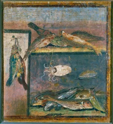 Nature morte avec oiseaux, poissons et pieuvre