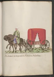 Le sérail de la sultane, carrosse pour les courtisanes ; voiture à deux chevaux avec cavalier