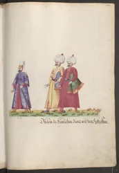Le sérail de la sultane : eunuque avec deux serviteurs portant des couvertures de chevaux.