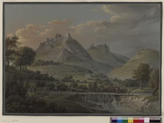 Vue du château de Sirok, Hongrie, département de Heves ; Gouache de Franz Jaschke