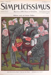 Adolf Hitler (1889-1945) vendant des exemplaires de « Mein Kampf » dans les brasseries de Munich, couverture de « Simplicissimus », 25 août 1925