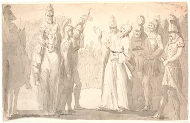 Scène figurative avec un homme saint et cornu parmi des soldats romains