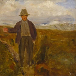 Homme avec la montagne Smiubelgen et Rondane en arrière-plan