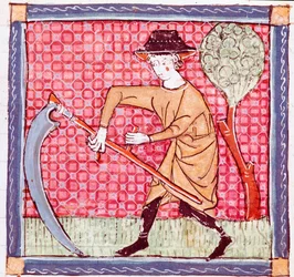 Juin : un paysan tenant une faucille. Miniature du Breviaire d