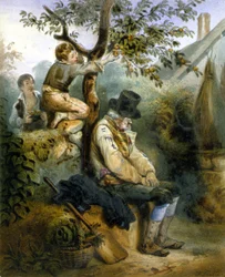 Enfants volant des pommes sous le nez du fermier endormi - lithographie par Grenier, v.1840