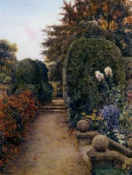 Jardin du maître, Clare College, Cambridge, Angleterre. Jardin fleuri avec balcon et escalier. Peinture de E. Arthur Rowe (-1922 British) Collection privée