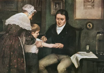 Le docteur Edward Jenner (1749-1823) effectuant sa première vaccination contre la variole sur James Phipps, garçon de huit ans, 14 mai
