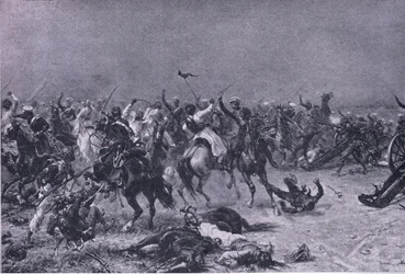 La charge des dragons légers du roi à Mudki, illustration de British Battles on Land and Sea, 1915