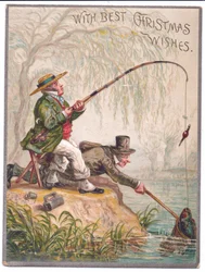 Carte de Noël victorienne de deux hommes pêchant au bord de la rivière, c.1880