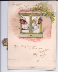 Carte de Noël victorienne de deux rouges-gorges en vêtements de nuit regardant par la fenêtre avec inquiétude, c.1880