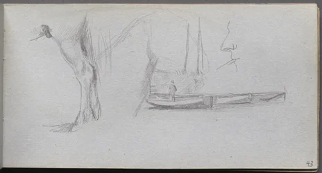 Carnet de croquis, page 43 : Études : Jambe de cheval, figure dans un bateau et profil