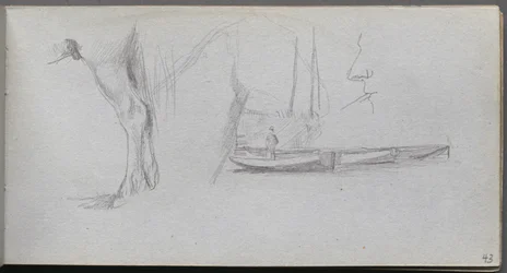Carnet de croquis, page 43 : Études : Jambe de cheval, Figure dans un bateau, et Profil