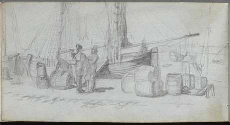 Carnet de croquis, page 50 : Bateaux, figures, cargaison sur une plage