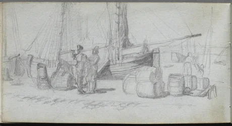 Carnet de croquis, page 50 : Bateaux, figures, cargaison sur une plage