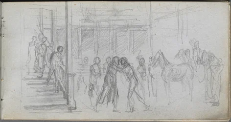 Carnet de croquis, page 62 : Étude de figure, escalier, cheval