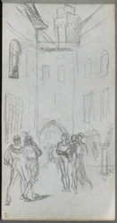 Carnet de croquis, page 63 : Figures dans une cour