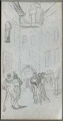Carnet de croquis, page 63 : Figures dans une Cour
