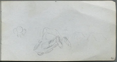 Carnet de croquis, page 97 : Étude de figures, bâtiments