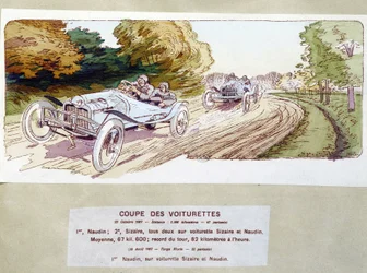 Course automobile : découpe des chariots en 1907 - dessin par Ernest Montaut (1878-1909)