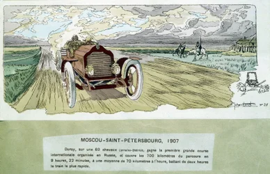 Course automobile : Moscou - Saint-Pétersbourg, vers 1900 - dessin par Ernest Montaut (1878-1909)
