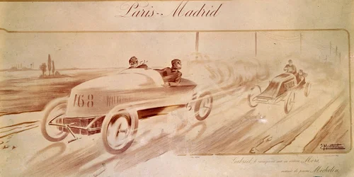 Course automobile : « Paris Madrid » : Gabriel vainqueur sur Mors équipé de pneus Michelin. Illustration 1903