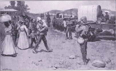 Soldats britanniques aidant les réfugiés boers, illustration de Après Pretoria : La guerre de guérilla, 1902