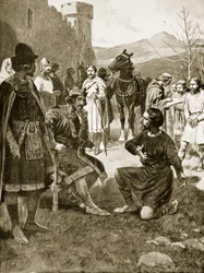 David, roi des Écossais, rend la justice, illustration tirée de « Hutchinson