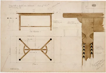 Design pour une table à manger en chêne anglais, foncé, avec un entretoise en râteau à foin, 2 octobre 1908