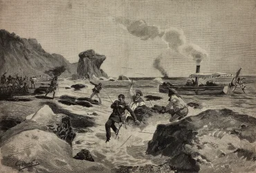 Assassinat du lieutenant Carlo Zavagli (1867-1890) à Warsheikh, en Somalie, 24 avril, gravure d