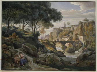 Paysage montagneux italien avec pont de pierre